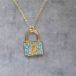 Upcycled Louis Vuitton Gold and Blue Padlock Pendant Necklace